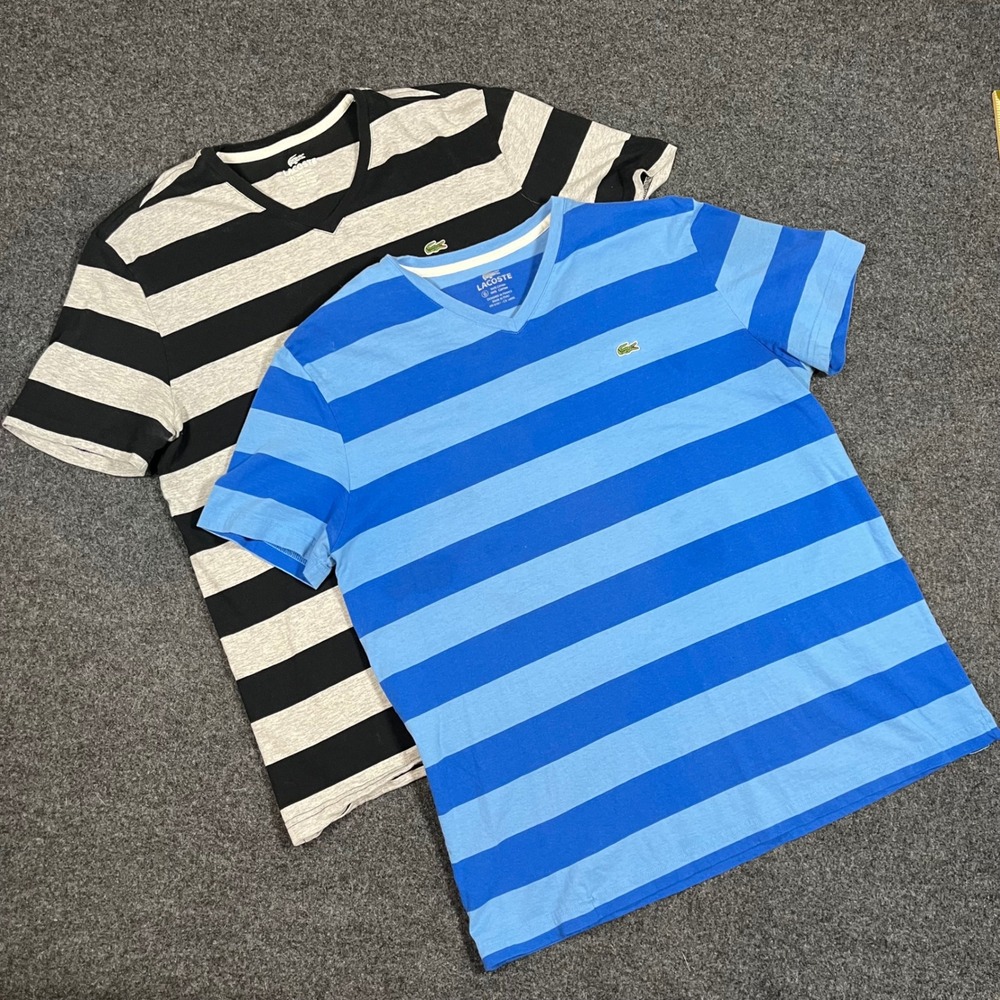 Lot of 2 Lacoste Mens Striped V-Neck‎ T-Shirts Blue Black Grey Size 6 XL